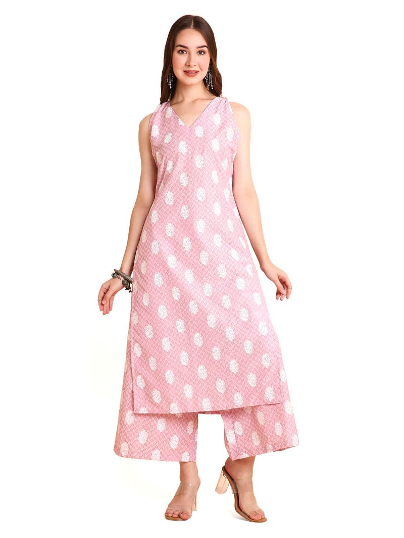 RATAN Women's Cotton Blend Printed A-Line Kurta with Palazzo Pant Set (DMGL-1444-M_Pink) - Image 1
