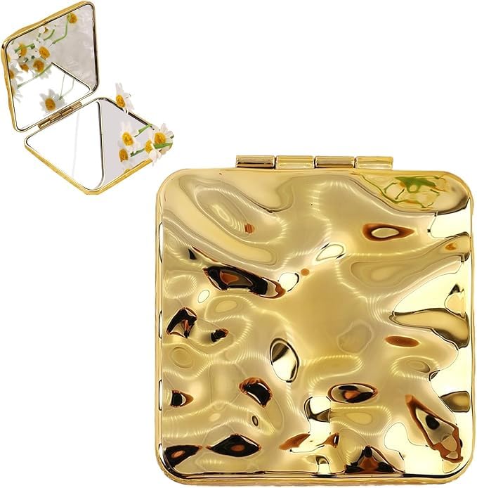 Scarlet Line Plastic Small Double Sided Foldable Purse Mirror for Women Square Shape Magnifying Hand Mirror for Makeup Handy Compact Travel Mirror_Golden - Image 1