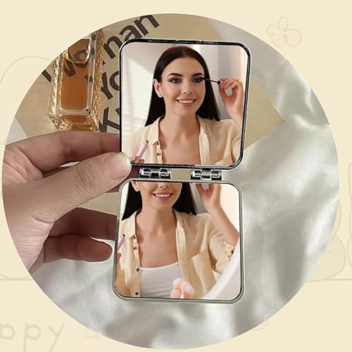 Scarlet Line Plastic Small Double Sided Foldable Purse Mirror for Women Square Shape Magnifying Hand Mirror for Makeup Handy Compact Travel Mirror_Golden - Image 4