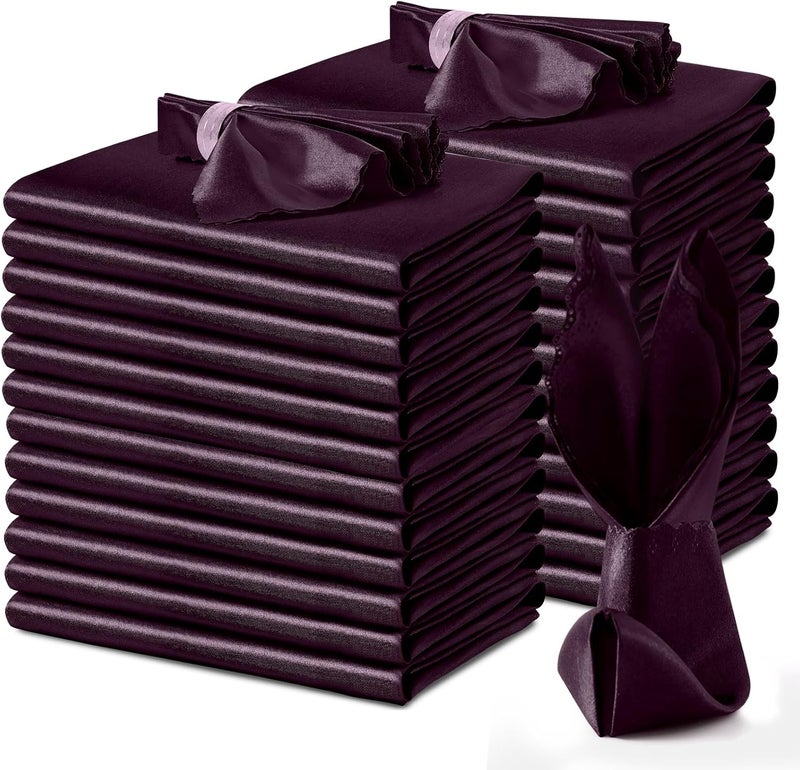 VACVELT 24 Pack Eggplant Purple Satin Napkins 12x12 Inch Wedding Napkins Scalloped Elegant Dinner Napkins Square Table Napkins Decor Silky Satin Cloth Napkins for Restaurant Banquet Graduation Party - Image 1
