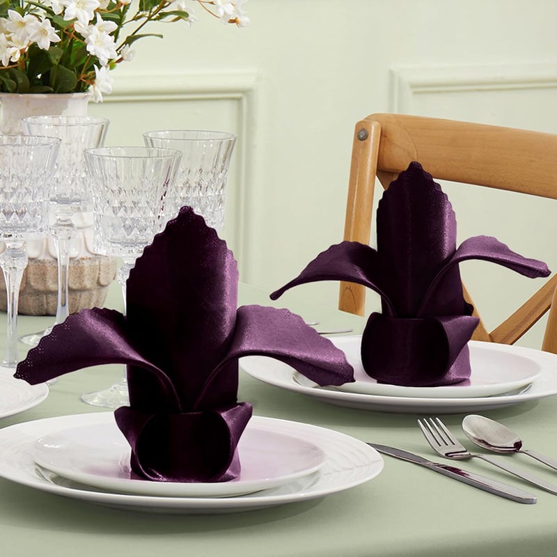 VACVELT 24 Pack Eggplant Purple Satin Napkins 12x12 Inch Wedding Napkins Scalloped Elegant Dinner Napkins Square Table Napkins Decor Silky Satin Cloth Napkins for Restaurant Banquet Graduation Party - Image 2