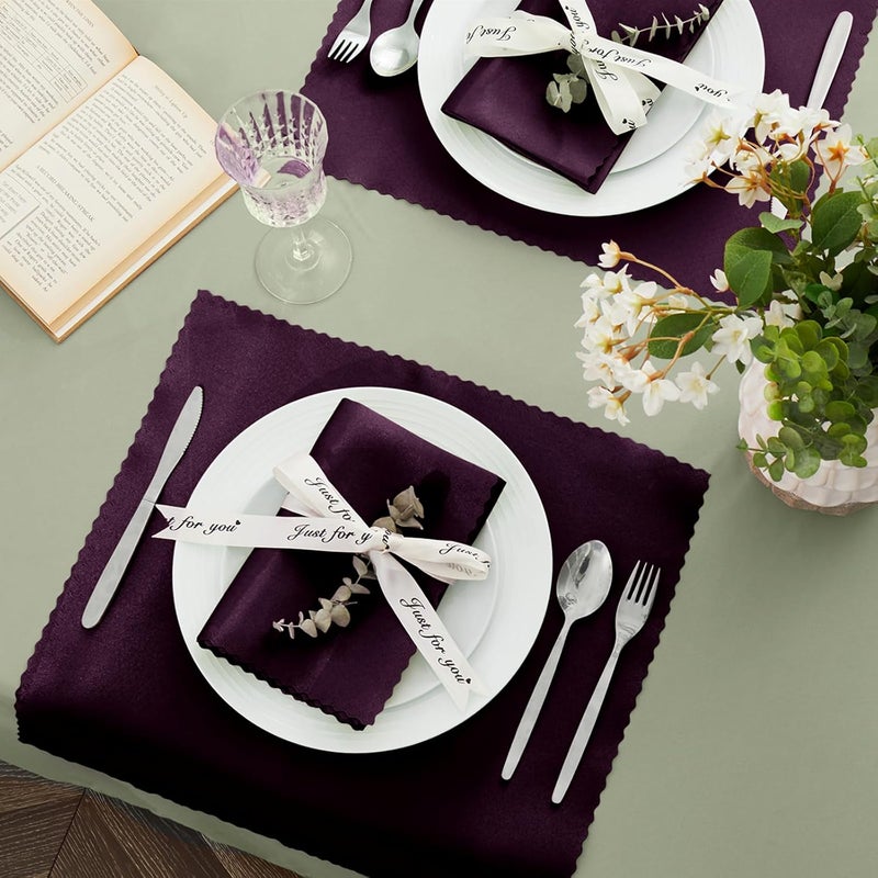 VACVELT 24 Pack Eggplant Purple Satin Napkins 12x12 Inch Wedding Napkins Scalloped Elegant Dinner Napkins Square Table Napkins Decor Silky Satin Cloth Napkins for Restaurant Banquet Graduation Party - Image 3