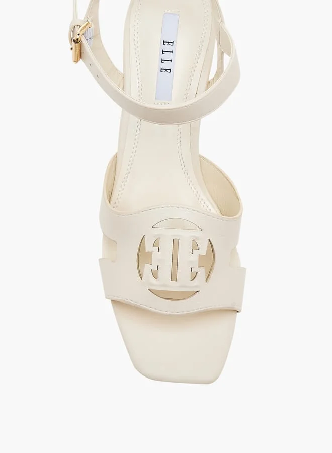ELLE Women's Logo Detail Sandals with Buckle Closure and Block Heels