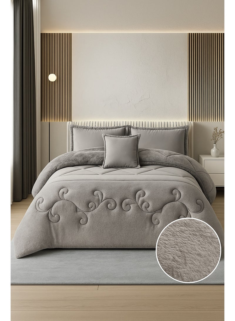 مينج لي مفرش شتوي نفرين نظام وجهين وجه مخمل وجه فرو - طقم مفارش 6 قطع ( 1 لحاف + 1 وشرشف مطاطي + 4 أغطية وسائد ديكورية ) يناسب سرير مقاس 200x200 سم - Image 5