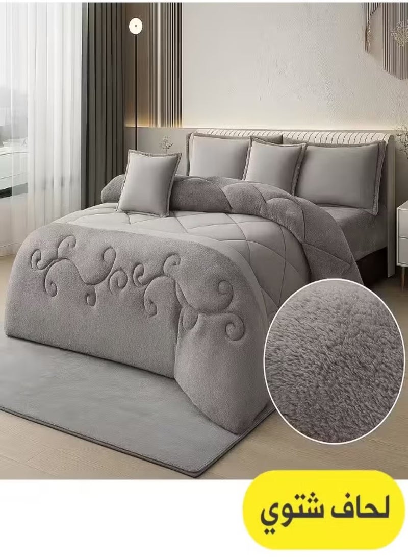 مينج لي مفرش شتوي نفرين نظام وجهين وجه مخمل وجه فرو - طقم مفارش 6 قطع ( 1 لحاف + 1 وشرشف مطاطي + 4 أغطية وسائد ديكورية ) يناسب سرير مقاس 200x200 سم - Image 1