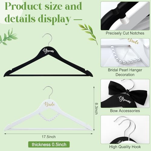 FillTouch 2 Pack Bride and Groom Wedding Hanger Set with Ribbon Bow Wooden Dress Suit Hanger Gift for Wedding Bridal Party Photo DecorBlack and WhiteClassic - Image 3