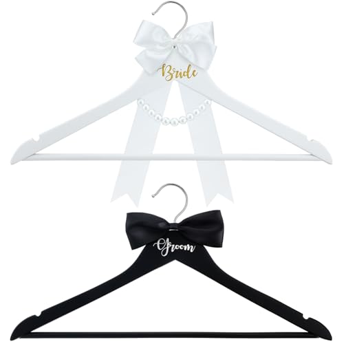 FillTouch 2 Pack Bride and Groom Wedding Hanger Set with Ribbon Bow Wooden Dress Suit Hanger Gift for Wedding Bridal Party Photo DecorBlack and WhiteClassic - Image 1