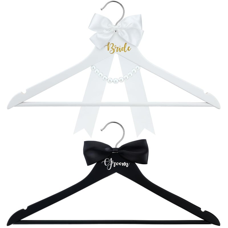 FillTouch 2 Pack Bride and Groom Wedding Hanger Set with Ribbon Bow Wooden Dress Suit Hanger Gift for Wedding Bridal Party Photo DecorBlack and WhiteClassic - Image 2