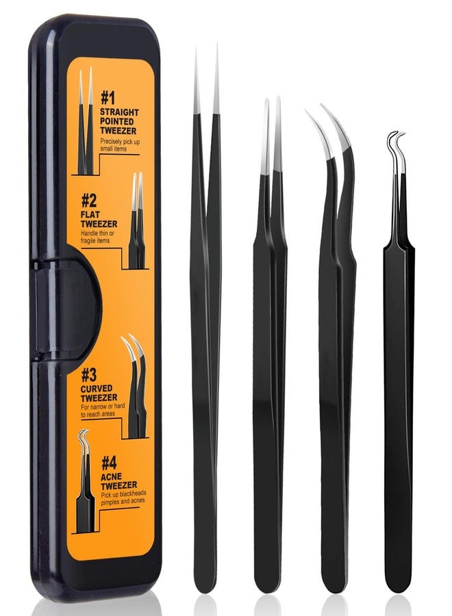 G.CATACC 4-Pack Precision Tweezers Set for Blackheads, Ingrown Hair, Crafts, Electronics, Soldering, Jewelry - Curved and Pointed Tweezer Kit with Case - Image 1