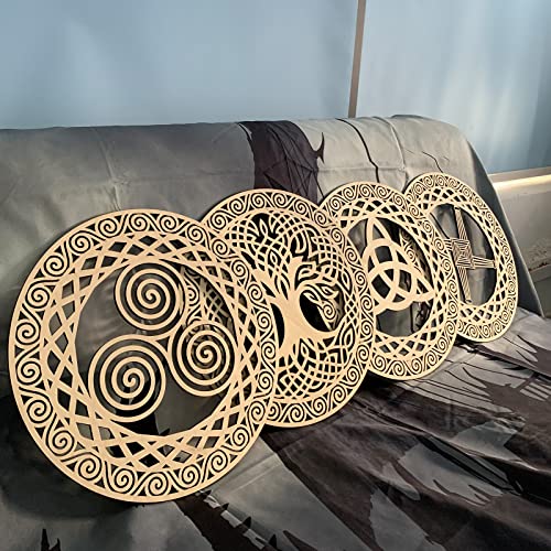 Tucocoo Celtic Symbol Wall Decor 12 Wooden Sacred Geometry 4Pcs Set Tree of Life Celtic Cross Trinity Knot Triple Spiral Symbol Nordic Celtic Rune Wood Sign Irish Wall Art Wood Art Paint DIY Graffiti Decor - Image 1