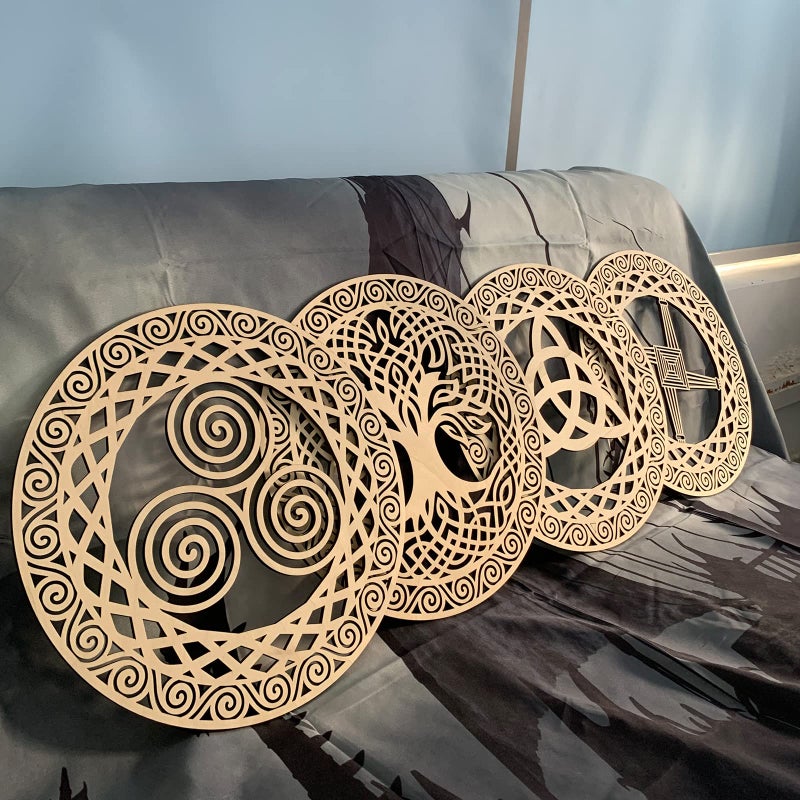 Tucocoo Celtic Symbol Wall Decor 12 Wooden Sacred Geometry 4Pcs Set Tree of Life Celtic Cross Trinity Knot Triple Spiral Symbol Nordic Celtic Rune Wood Sign Irish Wall Art Wood Art Paint DIY Graffiti Decor - Image 3