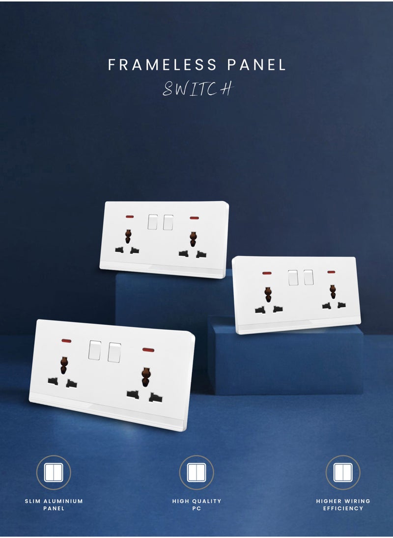 Double Universal Socket 13A with Switch and Indicating Light - 6x3" White/Ivory Finish