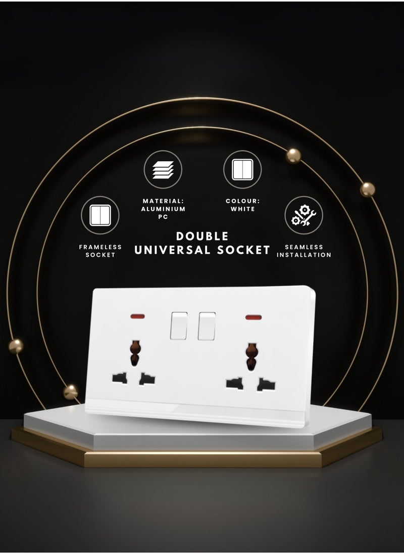 Double Universal Socket 13A with Switch and Indicating Light - 6x3" White/Ivory Finish