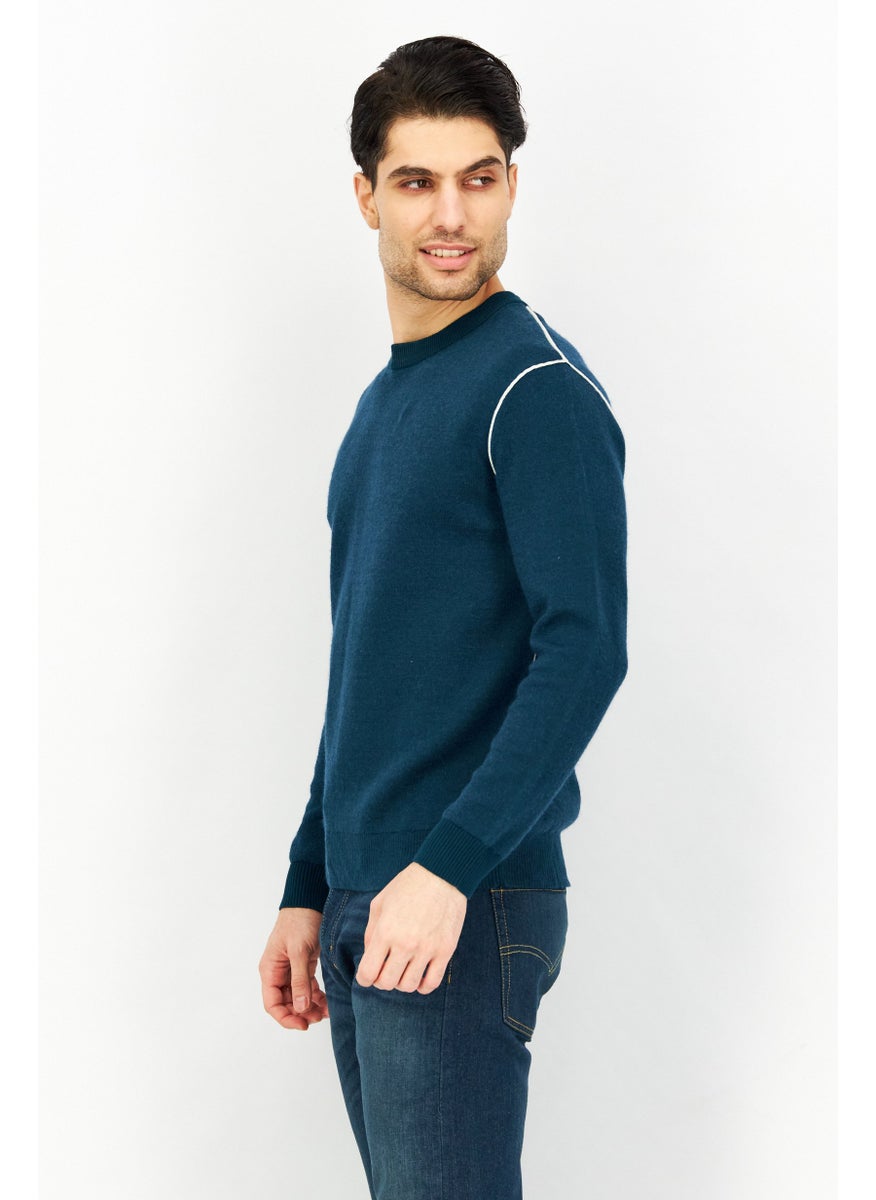 SELECTED Men Crew Neck Knitted Sweater, Teal Green  - Image 2