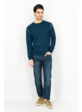 SELECTED Men Crew Neck Knitted Sweater, Teal Green  - Image 4