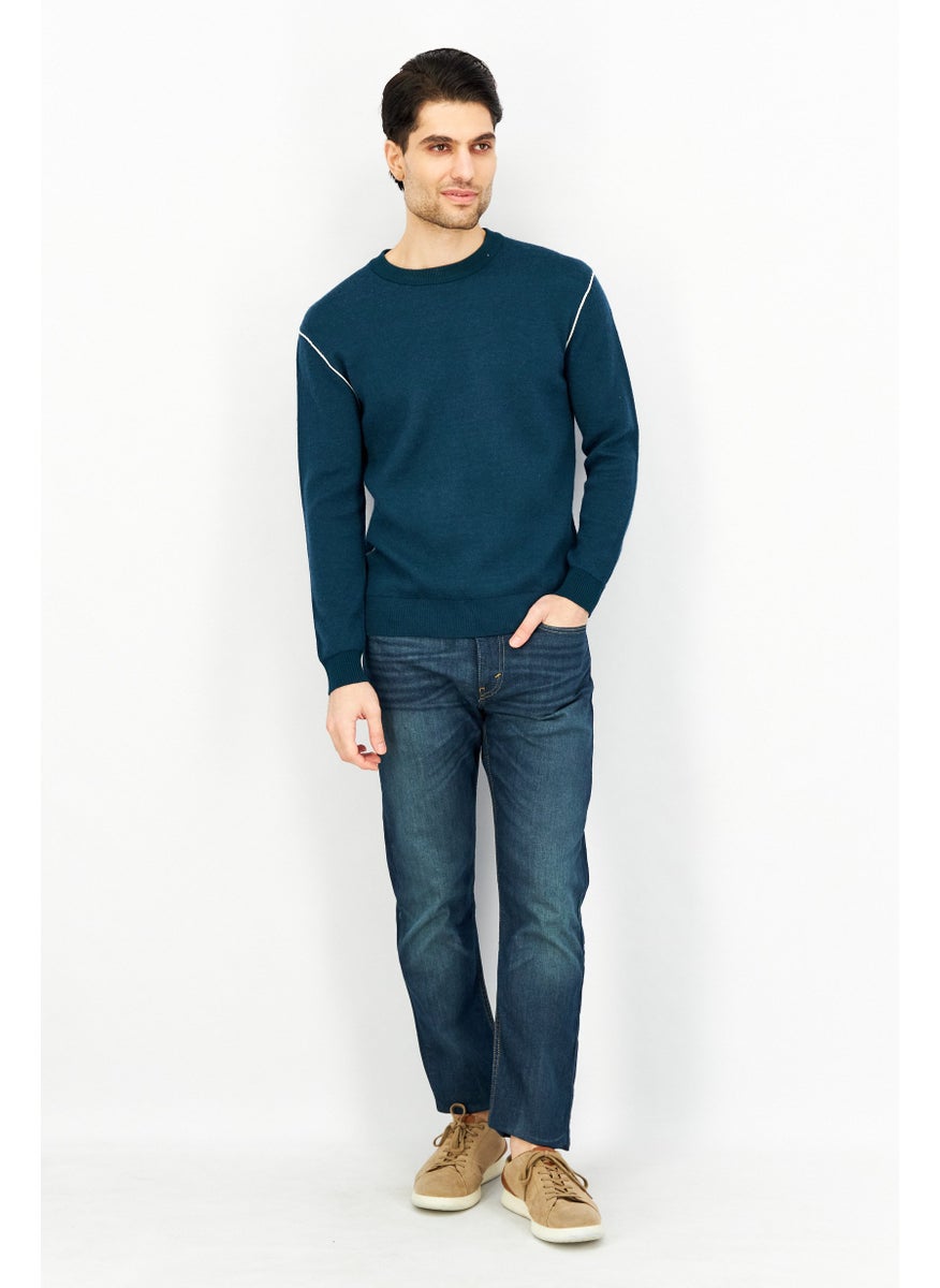 SELECTED Men Crew Neck Knitted Sweater, Teal Green  - Image 4