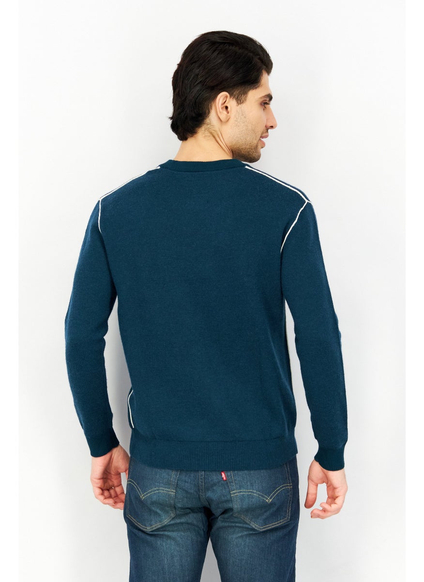 SELECTED Men Crew Neck Knitted Sweater, Teal Green  - Image 3