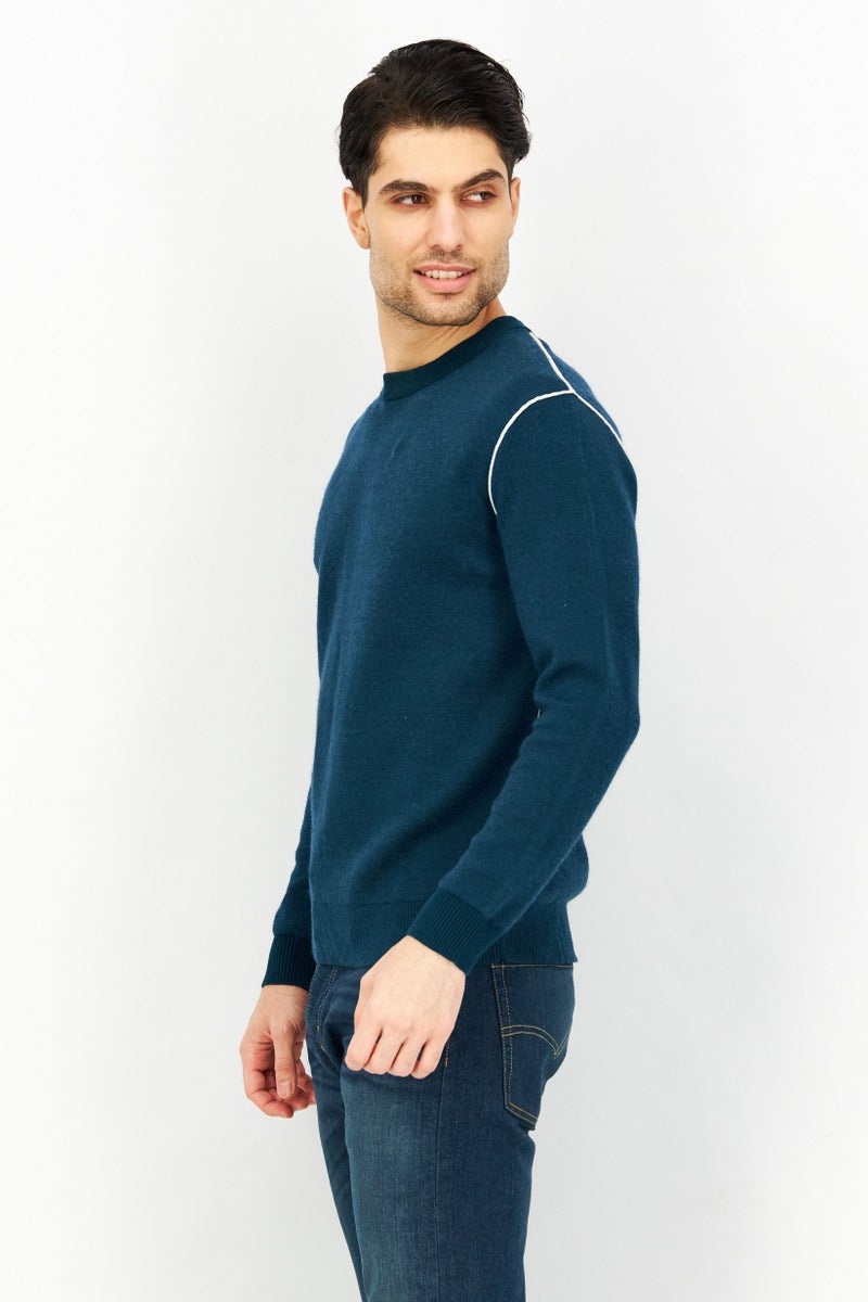 SELECTED Men Crew Neck Knitted Sweater, Teal Green - Image 2