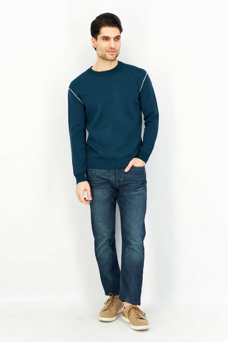 SELECTED Men Crew Neck Knitted Sweater, Teal Green - Image 4