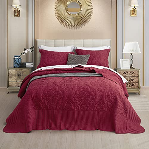 CHIXIN Bedspread Coverlet Set Queen Size Lightweight Bedding Cover Beautiful Stitching 5 Piece Reversible Bedspread Gorgeous Damask Paisley Pattern Queen Wine Red