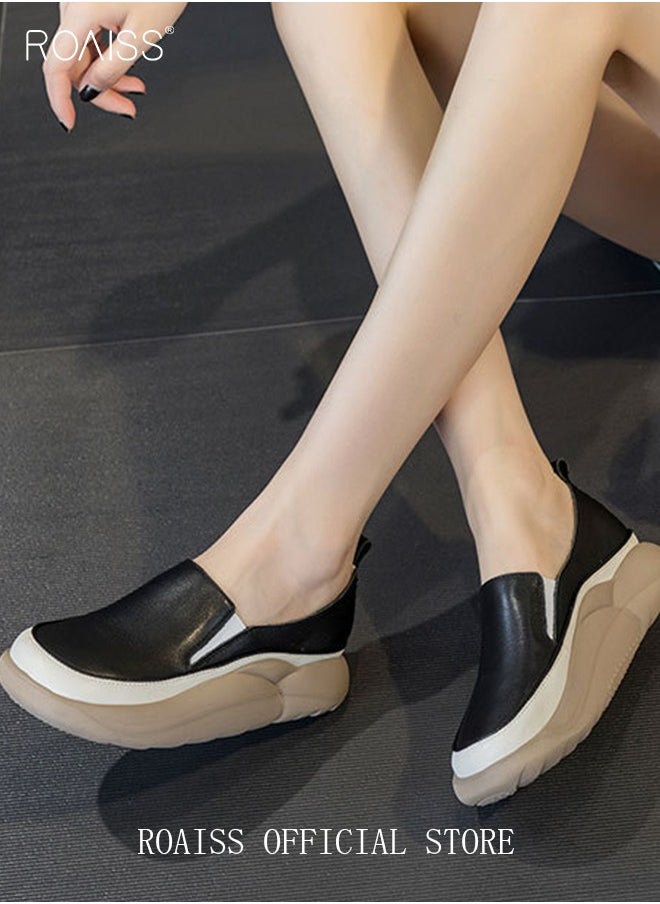 roaiss - New Arrival Round Retro Thick Soles Fashionable Comfortable Shoes Women's Explosive Style Loafers Slip-On Casual Walking Sports Shoes - Image 1