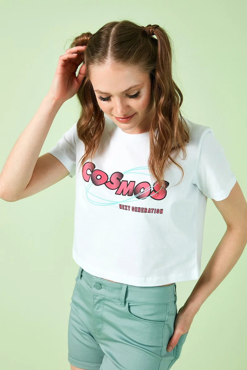 ليلا Printed Crew Neck 100% Cotton Crop T Shirt Women's T Shirt 6001011