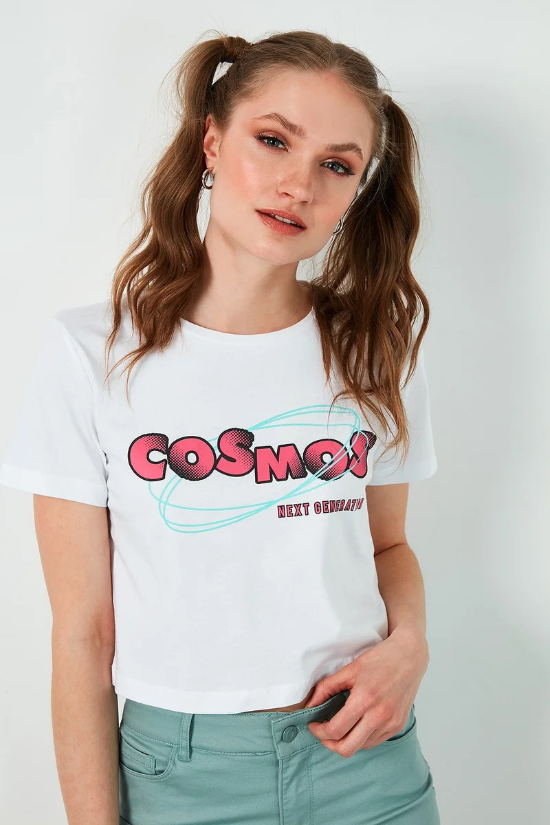ليلا Printed Crew Neck 100% Cotton Crop T Shirt Women's T Shirt 6001011
