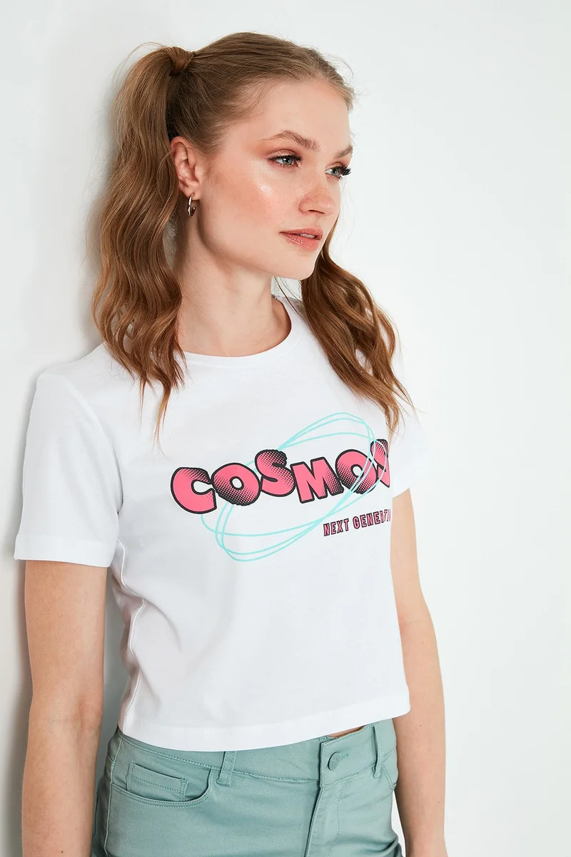 ليلا Printed Crew Neck 100% Cotton Crop T Shirt Women's T Shirt 6001011