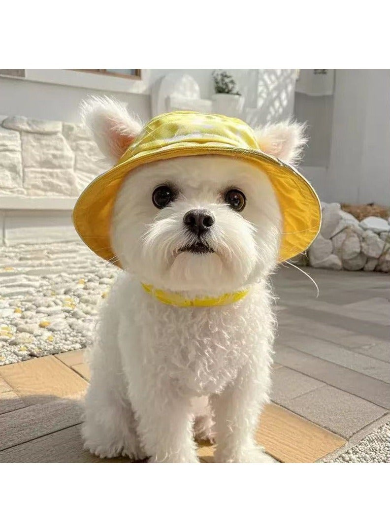 Round Edge Pet Sun Hat With Ear Hole Summer Kitten Puppy Sun Hat Lemon Yellow Size M - Image 2