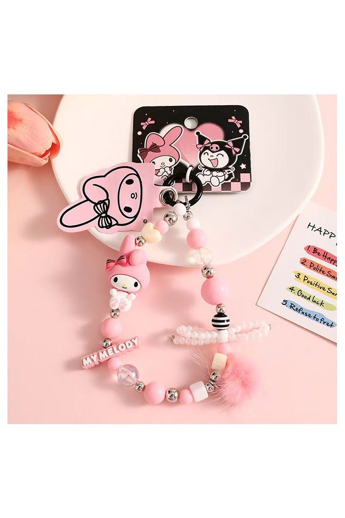 Pink Floral Bunny Phone Lanyard Beaded Keychain Bag Charm with Anti-Loss Strap for Keys Wallets