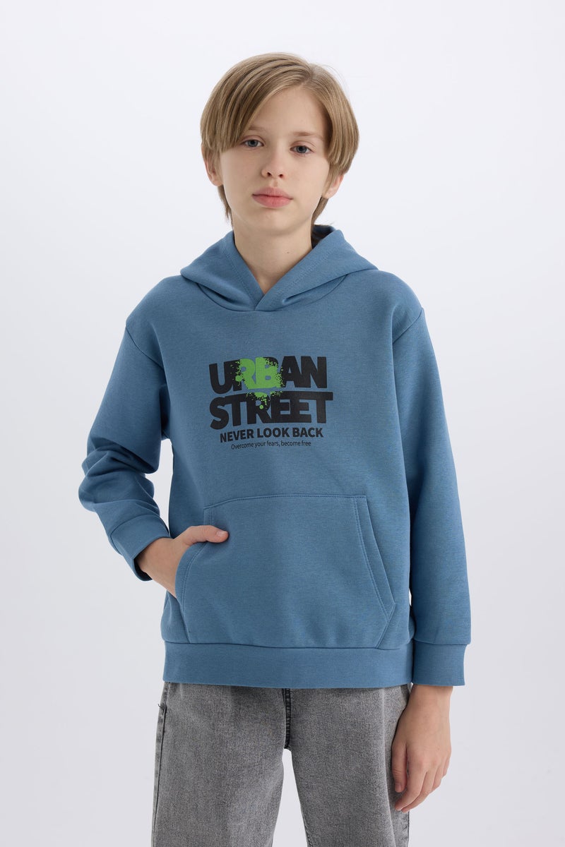 DeFacto Boy Hooded Printed Pocketed Soft Furry Sweatshirt - Image 1