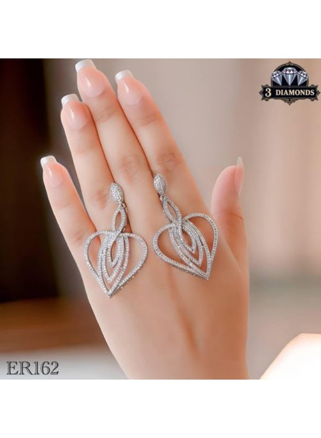 3Diamonds Heart Drop Earrings, Platinum & Rhodium Plated, Zircon Sparkle - Image 1