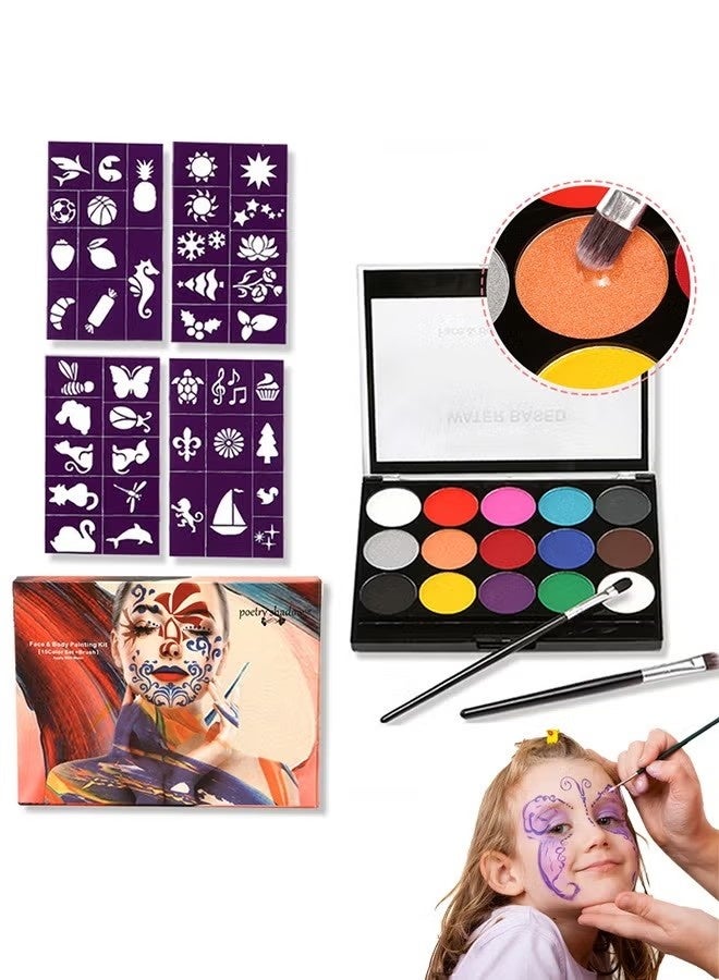 OMEVE Face Painting Kit for Kids - 15 Color Large Water Based Makeup Paints with Stencils, 2 Brushes, Makeup Kit, Safe Professional Body & Face Paint Kit - Image 1