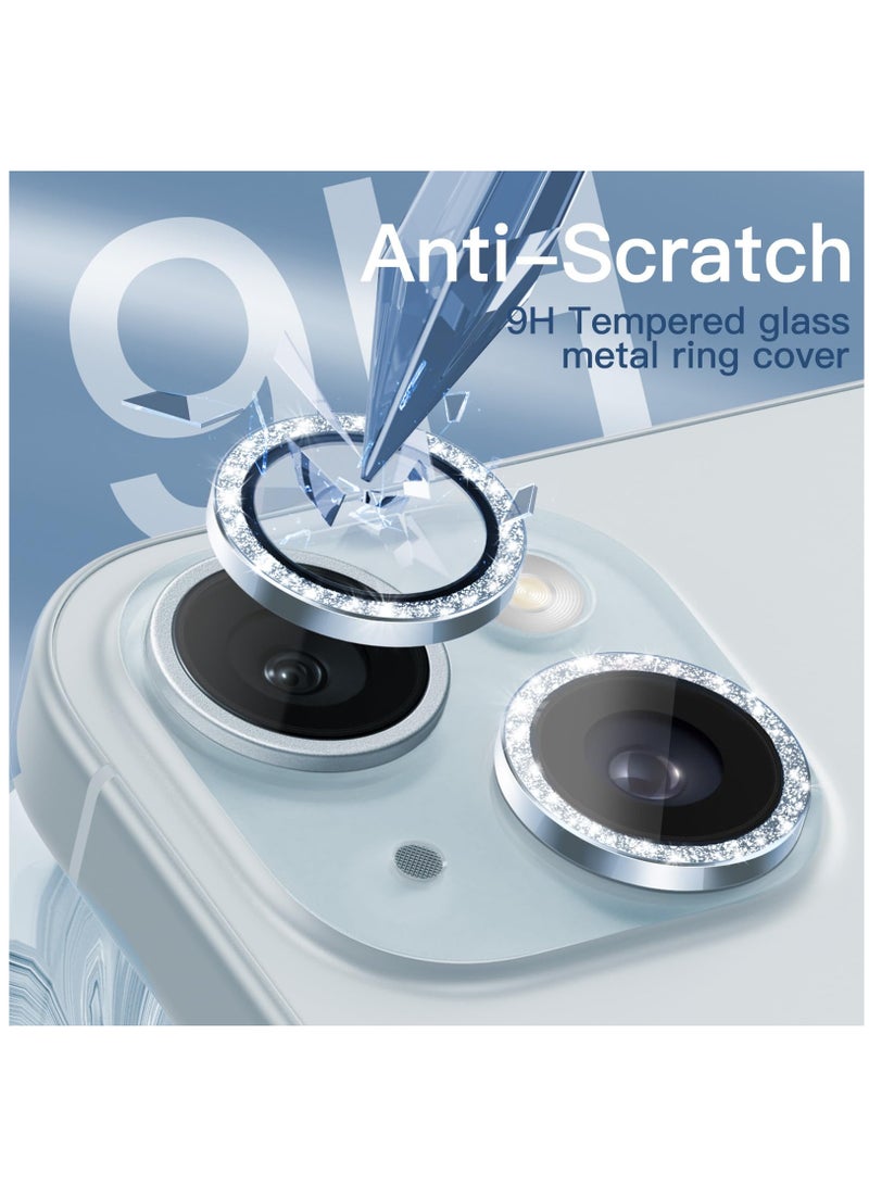 جي تيك واقي عدسة الكاميرا لهاتف آيفون 15 6.1 بوصة وآيفون 15 بلس 6.7 بوصة بلينغ جليتر فردي 9 ساعات غطاء حلقة معدنية من الزجاج المقوى شفاف عالي الدقة، عبوتان باللون الأزرق - Image 5