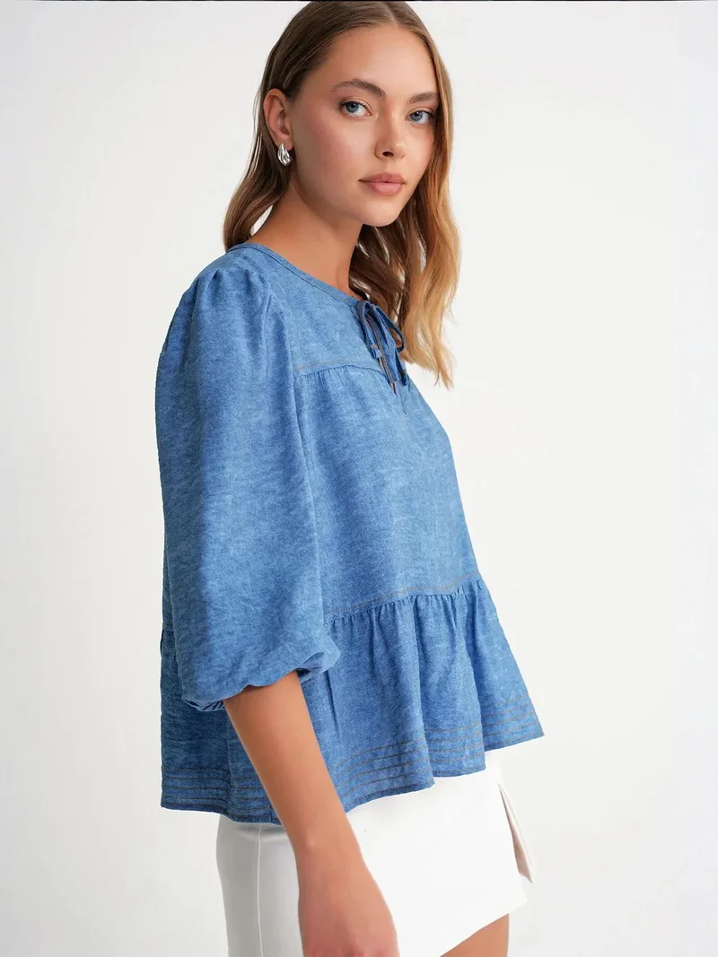 Mixray Maya Blue Mixray Denim Looking Ruffled Balloon Sleeve Blouse for Women | Best Price UAE