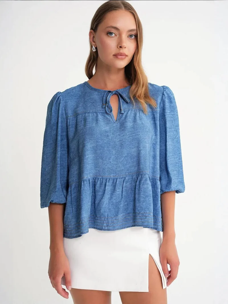 MixRay Mixray Denim Looking Ruffled Balloon Sleeve Blouse