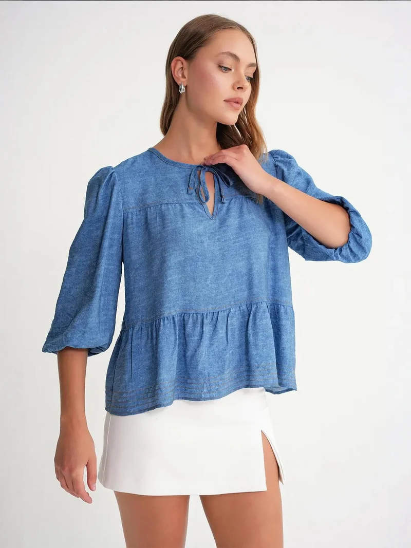 Mixray Maya Blue Mixray Denim Looking Ruffled Balloon Sleeve Blouse for Women | Best Price UAE
