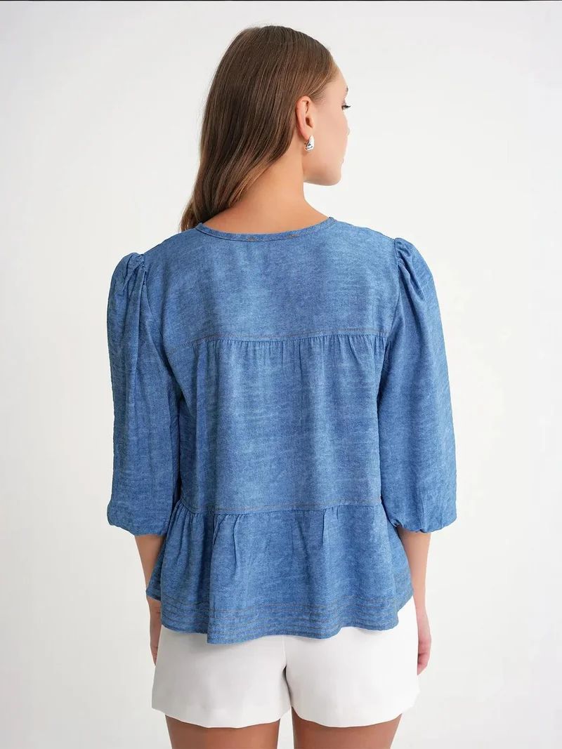 Mixray Maya Blue Mixray Denim Looking Ruffled Balloon Sleeve Blouse for Women | Best Price UAE