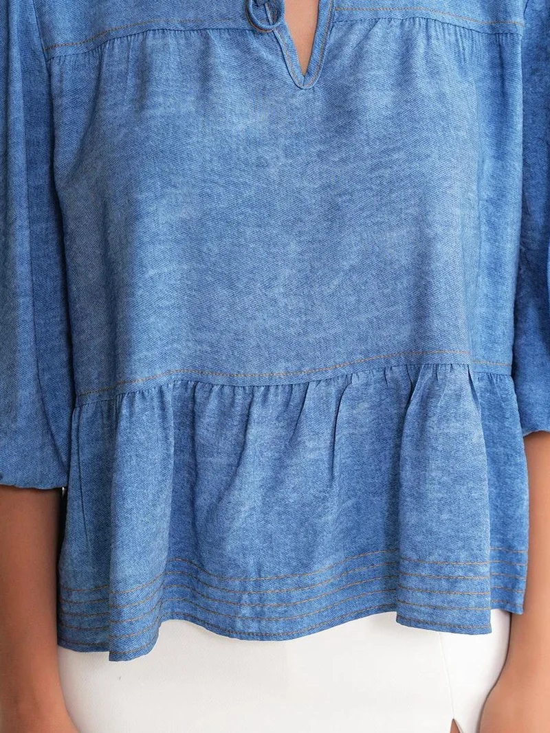 Mixray Maya Blue Mixray Denim Looking Ruffled Balloon Sleeve Blouse for Women | Best Price UAE