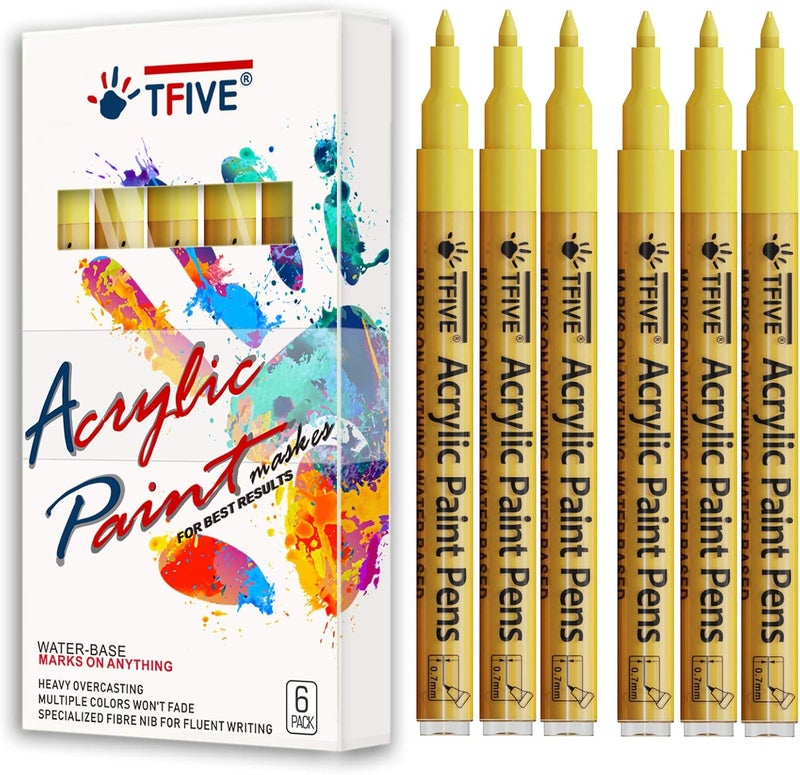 TFIVE Yellow Marker Paint Pens - 6 Pack Acrylic Yellow Permanent Marker, 0.7mm Extra Fine Tip Paint Pen for Art Projects, Drawing, Rock Painting, Ceramic, Glass, Wood, Plastic, Metal, Canvas DIY Crafts - Image 1