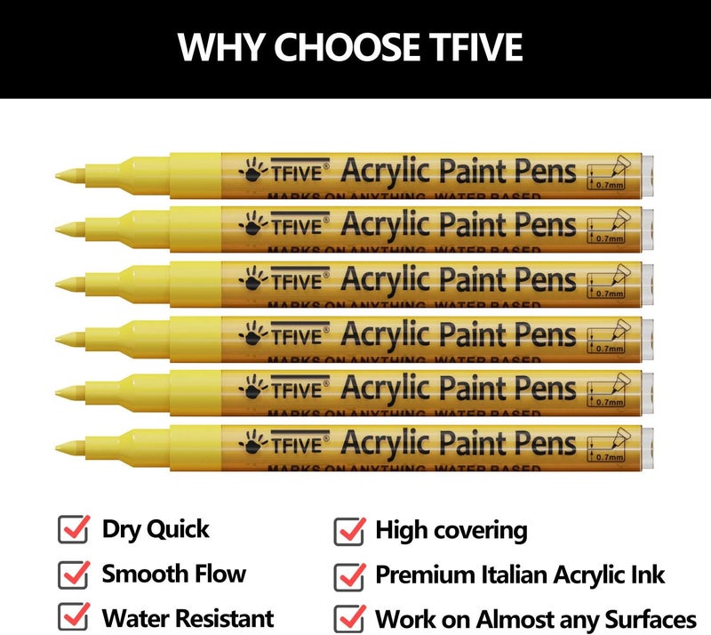 TFIVE Yellow Marker Paint Pens - 6 Pack Acrylic Yellow Permanent Marker, 0.7mm Extra Fine Tip Paint Pen for Art Projects, Drawing, Rock Painting, Ceramic, Glass, Wood, Plastic, Metal, Canvas DIY Crafts - Image 2