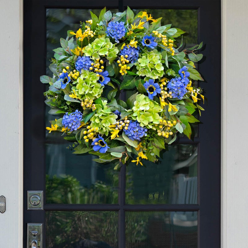 wreathqueen Spring Wreaths for Front Door 24 Inch Summer Wreath with Lifelike Blue Hydrangea Gerbera and Daisy, Wreath Decor for Indoor or Outdoor Spring and Summer Wreaths for Front Door Outside - Image 4