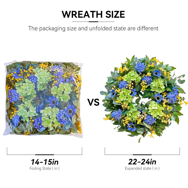 wreathqueen Spring Wreaths for Front Door 24 Inch Summer Wreath with Lifelike Blue Hydrangea Gerbera and Daisy, Wreath Decor for Indoor or Outdoor Spring and Summer Wreaths for Front Door Outside - Image 3