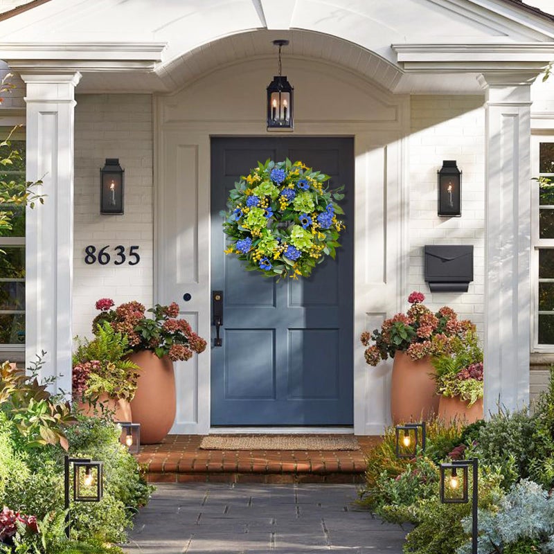 wreathqueen Spring Wreaths for Front Door 24 Inch Summer Wreath with Lifelike Blue Hydrangea Gerbera and Daisy, Wreath Decor for Indoor or Outdoor Spring and Summer Wreaths for Front Door Outside - Image 2