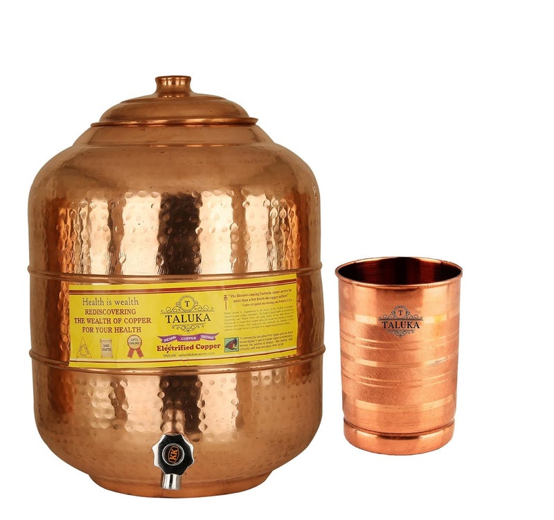 Taluka Taluka Pure Copper Water Pot Storage Tank Matka Dispeser 16 Liters Capacity 16000 ML With 1 Copper Glass 300 ML for Water Drinking and Storing Purposes Healthy Habits Ayurvedic benefits Weight 2200 Grams  - Image 1