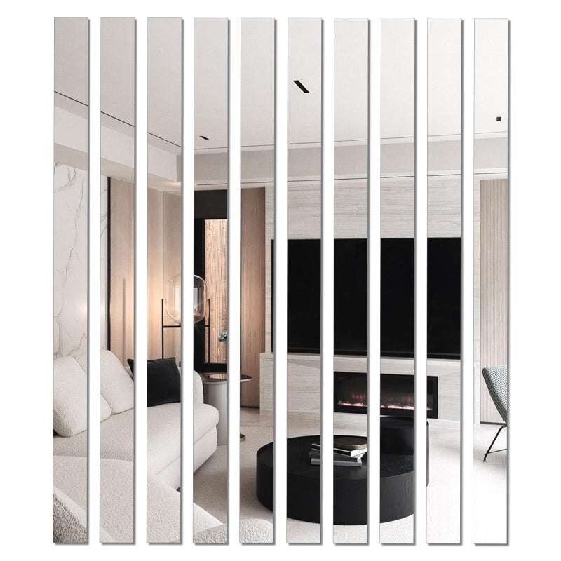 Nicerity 10Pcs DIY Striped Mirror Stickers 39.37 Inch Self Adhesive Long Acrylic Wall Decals Mirror Strips Removable for Home Art Wall Decor (Silver) - Image 1