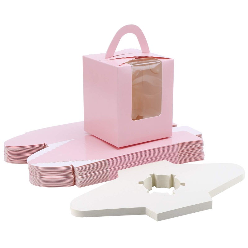 EUSOAR Individual Cupcake Boxes  25pcs 3.6""x 3.6""x 4.3"" Single Cupcake Carrier Containers  Muffin Cupcake Gift Boxes with Window Inserts Handle  for Wedding Birthday Party Treats Gift Packaging Boxes - Image 1