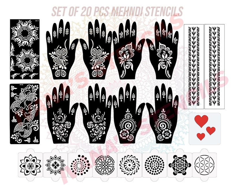 ivana's Ivanas Set of 20 Pcs Combo Pack Reusable Mehandi Design Sticker Stencils for Both Hand Mehendi Sticker for Hands Quick and Easy to Use for Girls Women Kids Teen D2240 - Image 1
