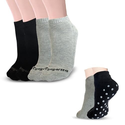 YOGARISE Anti-Slip Yoga Socks For Women, Anti-Skid Breathable & Moisture Wicking, Odour Free Ankle Length Cotton Socks with Rubber Soles for Men and Women, Ideal for Yoga/Pilates/Dance - Pack of 4 - Image 1