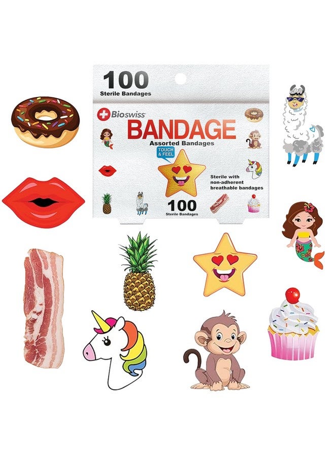BioSwiss Bandages, Assorted Animal, Fun, and Food Shaped Self Adhesive Bandage, Latex Free Sterile Wound Care, 100 Count - Image 1